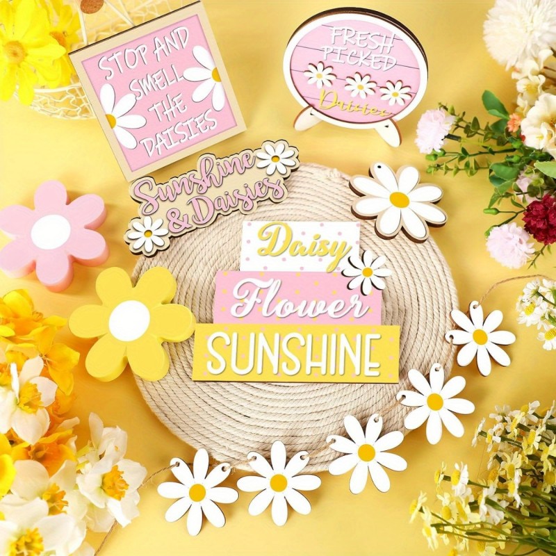 Home Decor Daisy - Gänseblümchen-Etagenplatten-Deko im Sommer-Farmhouse-Stil, Holzschilder „Hallo Sommer“,