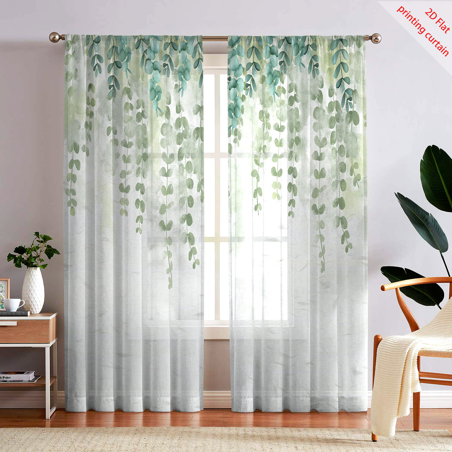 Home Decor Youtube - Bedruckter transparenter Gazevorhang mit Pflanzen-, Blumen-