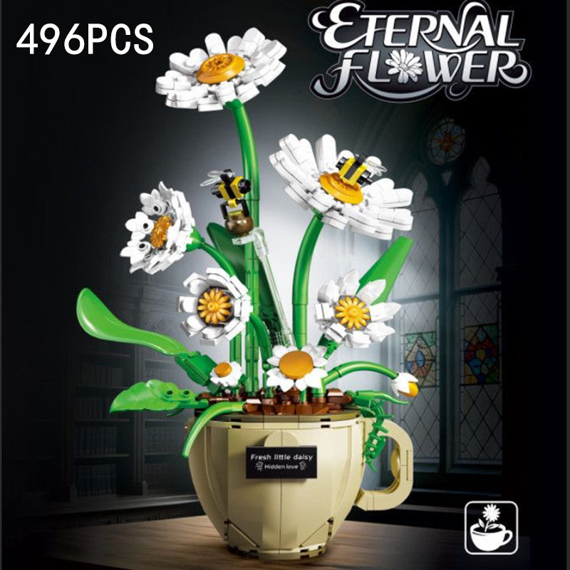 Home Decor Daisy - MOC Kaffeetasse Blumen-Bausteine Topfpflanzen Bouquet Rose