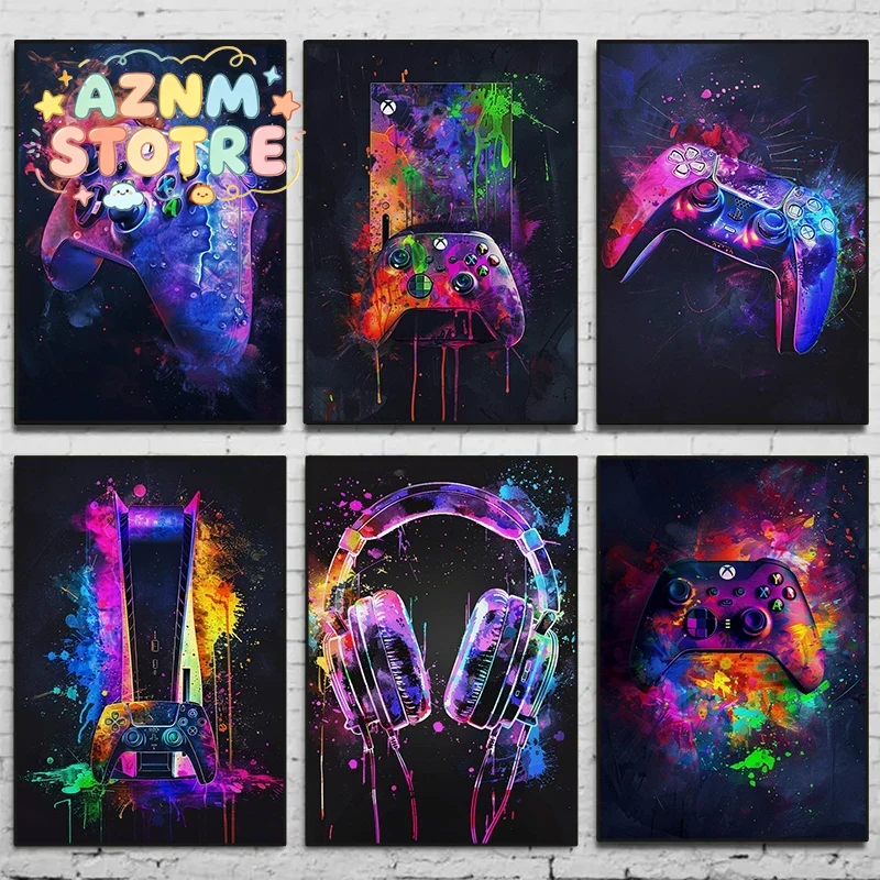Home Decor Xbox Games - Aquarell Neon Videospiel-Poster XBOX Drucke Gamepad