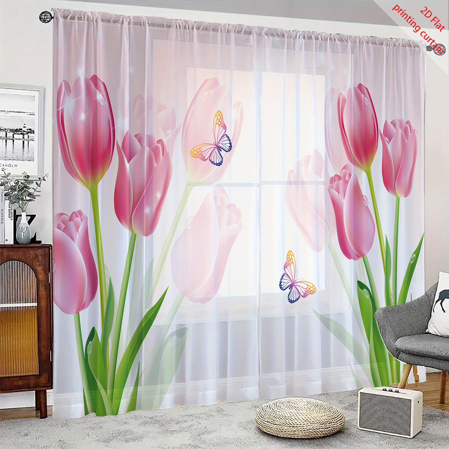 Home Decor Youtube - Transparenter Gazevorhang mit rosa Tulpenmuster, romantische