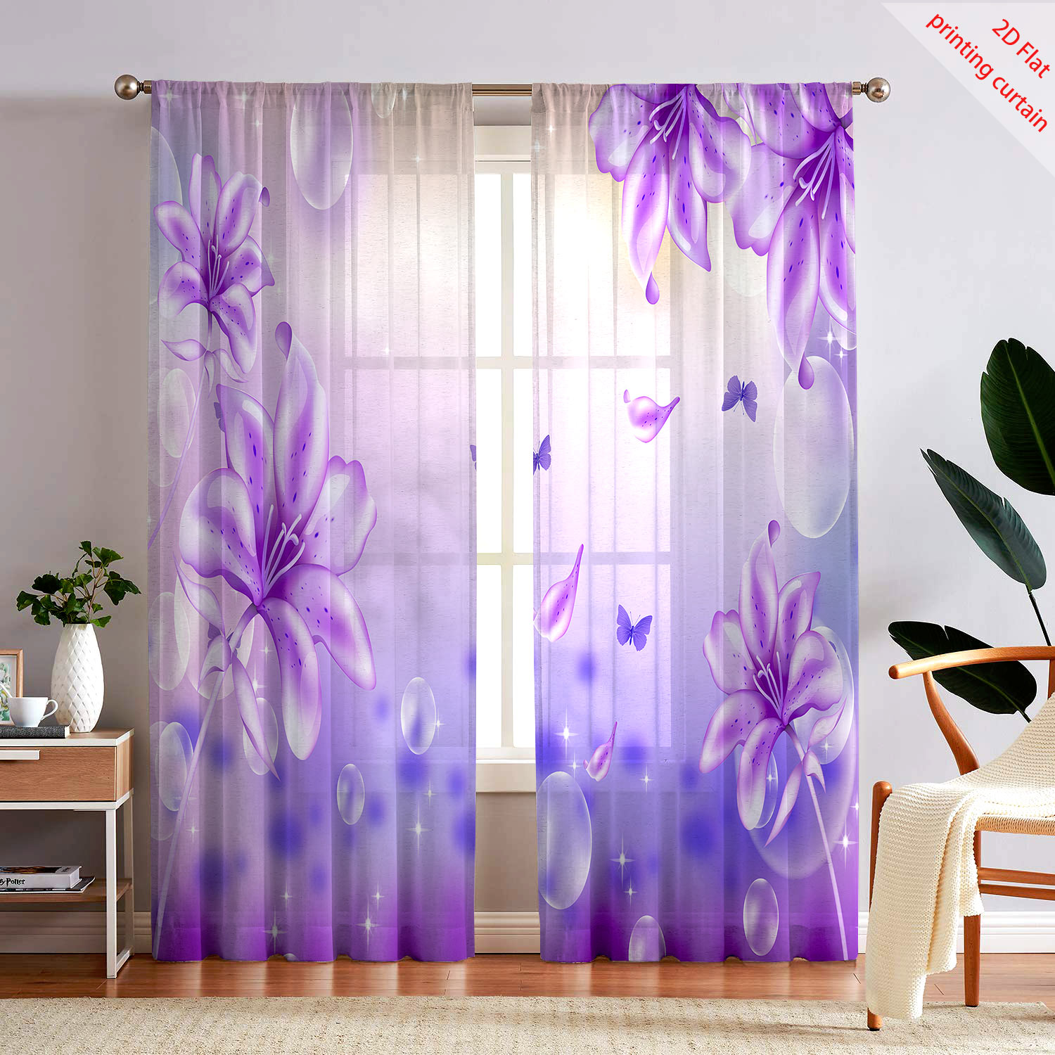 Home Decor Youtube - Lila Blumen Bedruckter Transparenter Gazevorhang Romantische