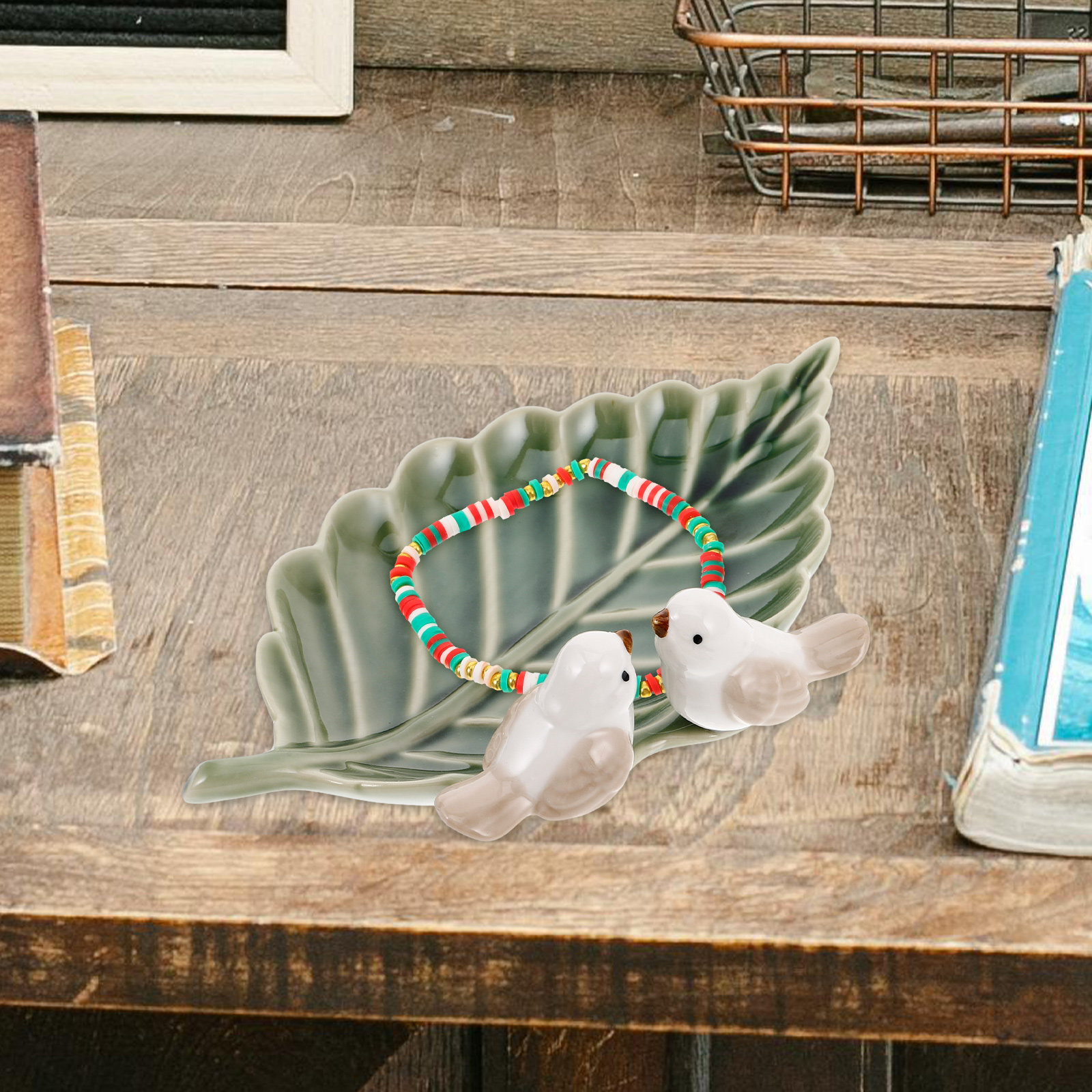 Ceramic Trinket Dish - Niedliche Keramik-Vogelfigur auf Blatt Schmuckschale für