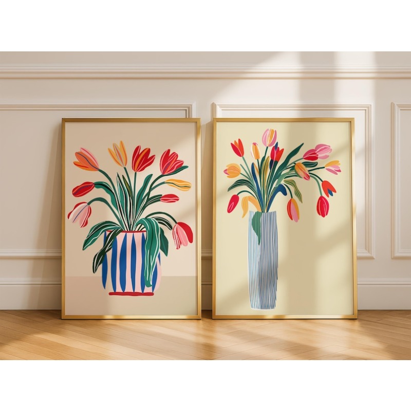 Home Decor Youtube - 2 Stück Tulpenblumen-Leinwand-Wandkunst, ungerahmte moderne Blumenvasen-Drucke,