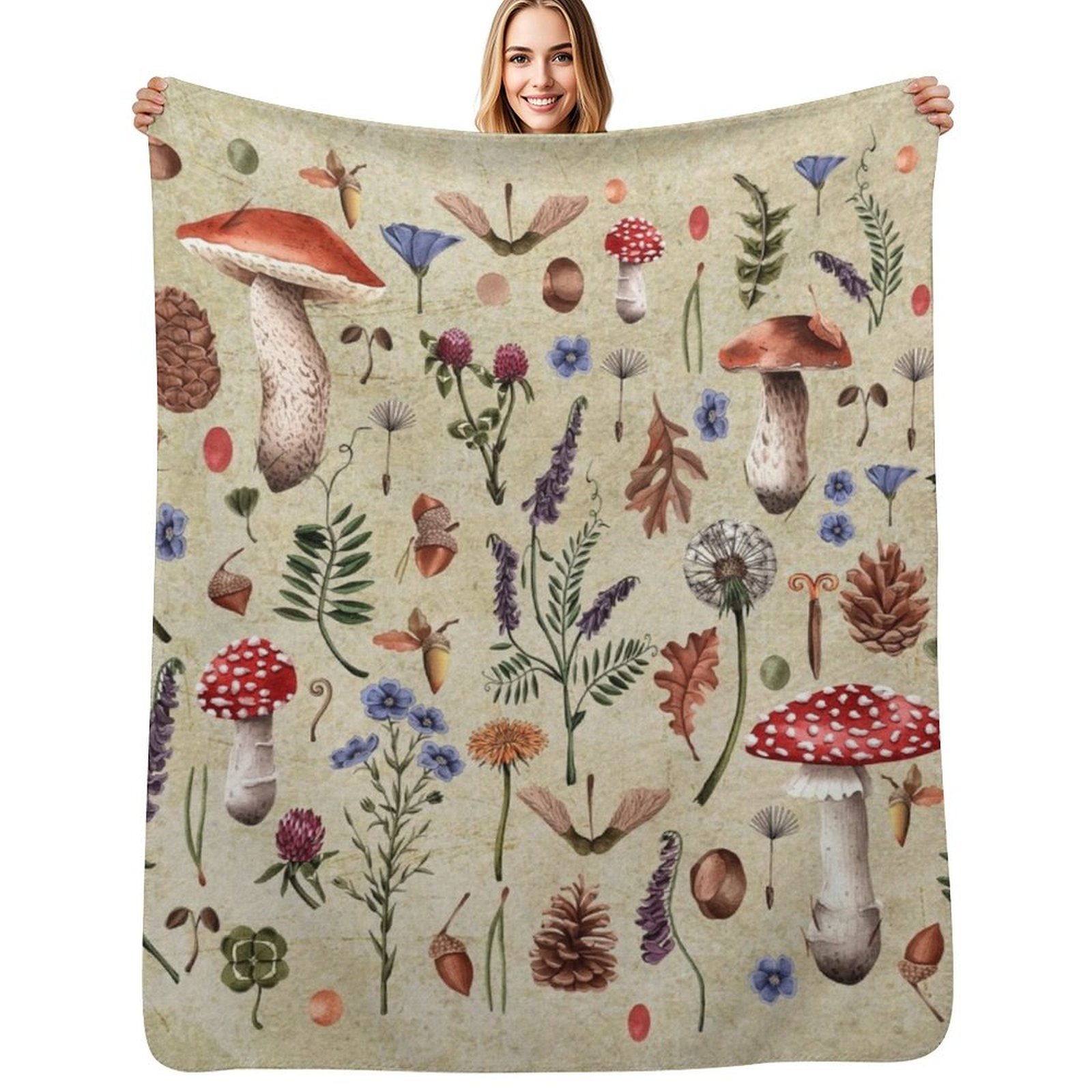 Neutral Throw Blanket - Retro botanische Pilze, Wildblumen d? ?cor,