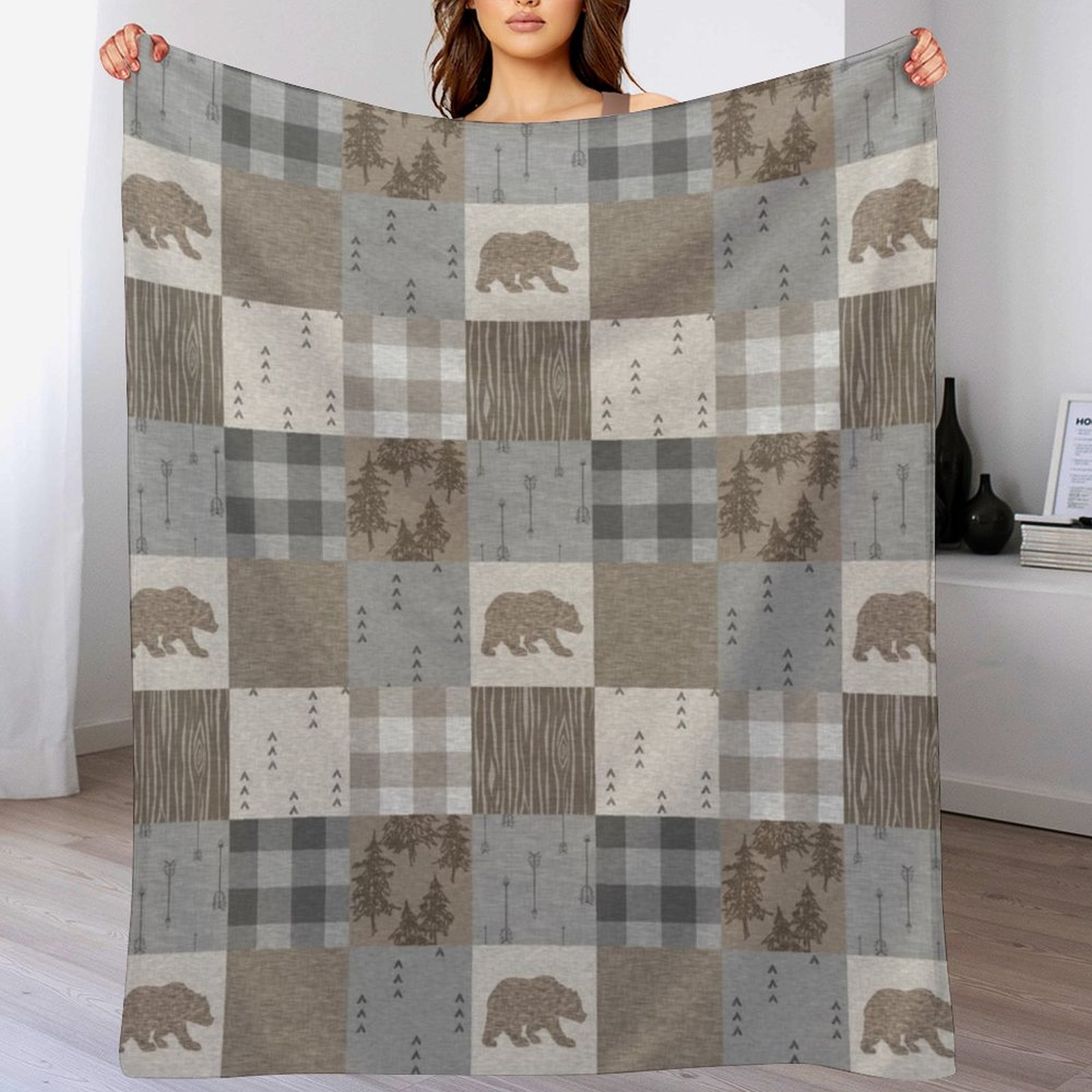 Neutral Throw Blanket - Bären-Patchwork - Rustikale Neutrale Wurfdecke Luxuriöse